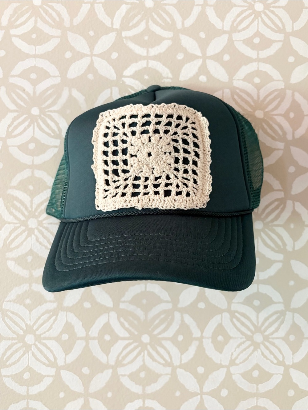 Dark Green Trucker Hat with Cream Crochet Patch